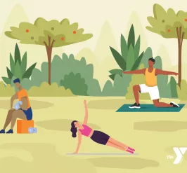 A colorful illustration featuring a group of people working out outdoors.