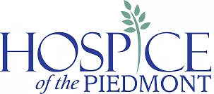 Hospice of the Piedmont's logo. The text is in dark blue. There is a green branch with seven, small leaves around it in the place of the "i" in the logo.