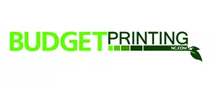The logo for Budget Printing. The word Budget is bright green, and the word Printing is dark green. There is a line beneath the word Printing that turns from light, to medium, to dark green. Two dark green leaves are on its right side.