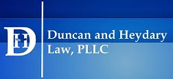 The logo for Duncan and Heydary Law, PLLC. The logo is a rectangle split into three horizontal bands of color. The top of the logo is dark blue, then the middle of the logo is a medium blue, then the bottom portion of the logo is a light blue. In white text, there is a large D with an H inside on the left side of the logo, then a white line dividing it from the text on the right side of the logo. It reads 'Duncan and Heydary Law, PLLC.'