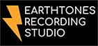 The logo for Earthtones Recording Studio. The logo's background is black. It has a yellow lightning bold symbol on the left. The logo reads Earthtones Recording Studio in white text, with one word on each line.