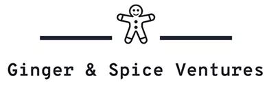 A gingerbread man stands at the center. There are two horizontal lines at either side of the logo. Below is the company's name, Ginger & Spice Ventures.