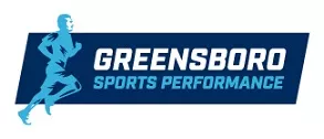 The words Greensboro Sports Performance on a dark blue background. There is a light blue image of a man running and facing right on the left side of the logo.