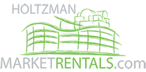 A green logo featuring a line drawing of a building. The word Holtzman is at the top of the logo. The bottom reads Market Rentals.com.
