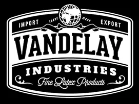 The Vandelay Industries logo. The logo is rectangular, with the word Import on the top left of it, Export on the top right of it, and the word Vandelay with the word Industry underneath. The bottom of the logo says Fine Latex Products.