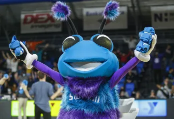 Swarmy throwing YMCA tshirts to the crowd at Greensboro Swarm basketball game.