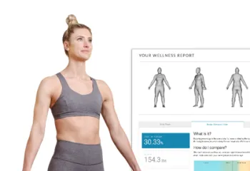 A woman standing in a Fit3D scan machine. To her right is an image of a Fit3D scan with statistics such as height, weight, and body composition.