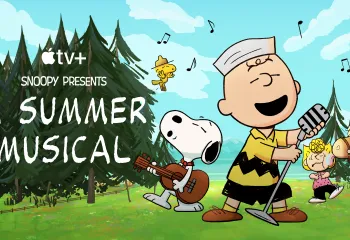 AppleTV+ Snoopy Presents: A Summer Musical key art. The art features Charlie Brown singing and Snoopy playing guitar beside him. Sally is in the background beside a horse with shaggy brown fur. They are all standing together near pine trees.