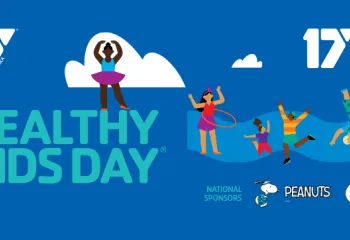 A graphic for Healthy Kids Day. The graphic features a dark blue background with illustrations of a diverse group of children playing and dancing. The graphic features the YMCA logo, 175 Year Anniversary YMCA logo, and logos for the national sponsors Peanuts and Gatorade.