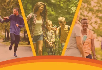 Three-panel image showing YMCA-style community activities, two men jogging together outdoors, a woman hiking with two children on a wooded trail, and a group of older adults smiling and talking after exercise, all with warm orange overlays and graphic accents.