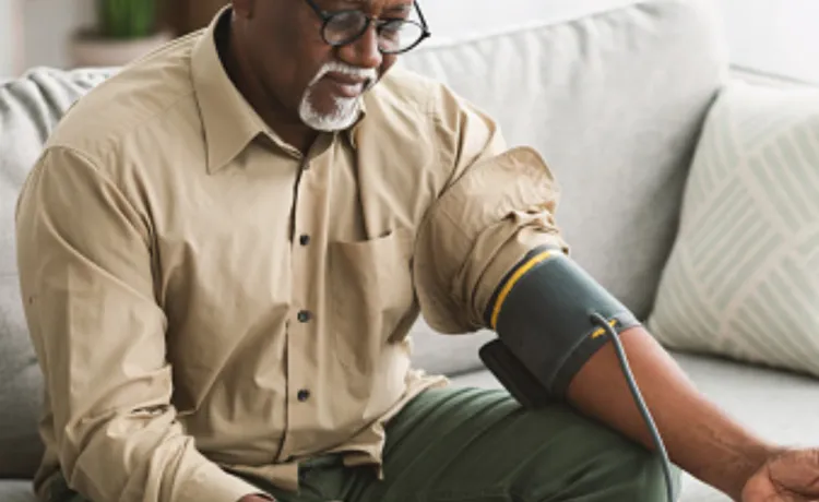 Senior African Male Measuring Arterial Blood Pressure Having Hypertension Indoor