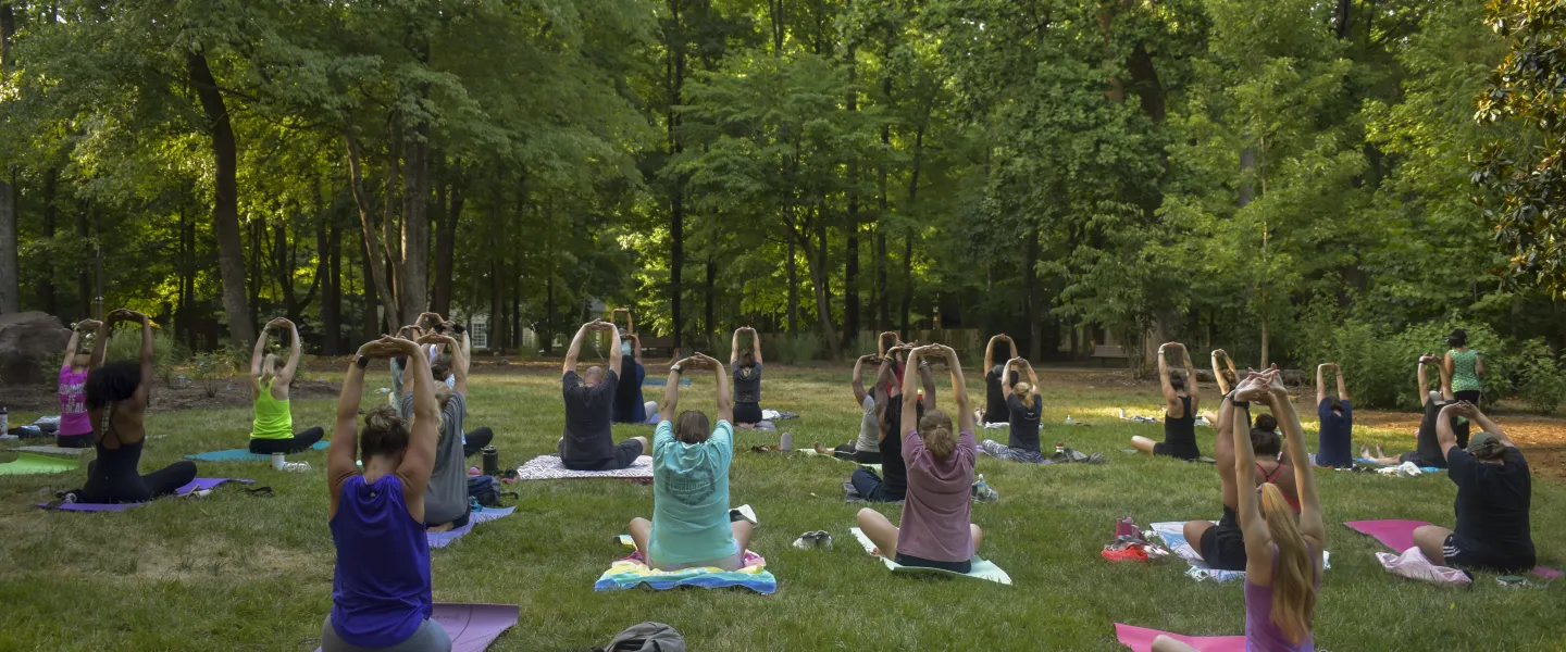 people in garden doing yoga