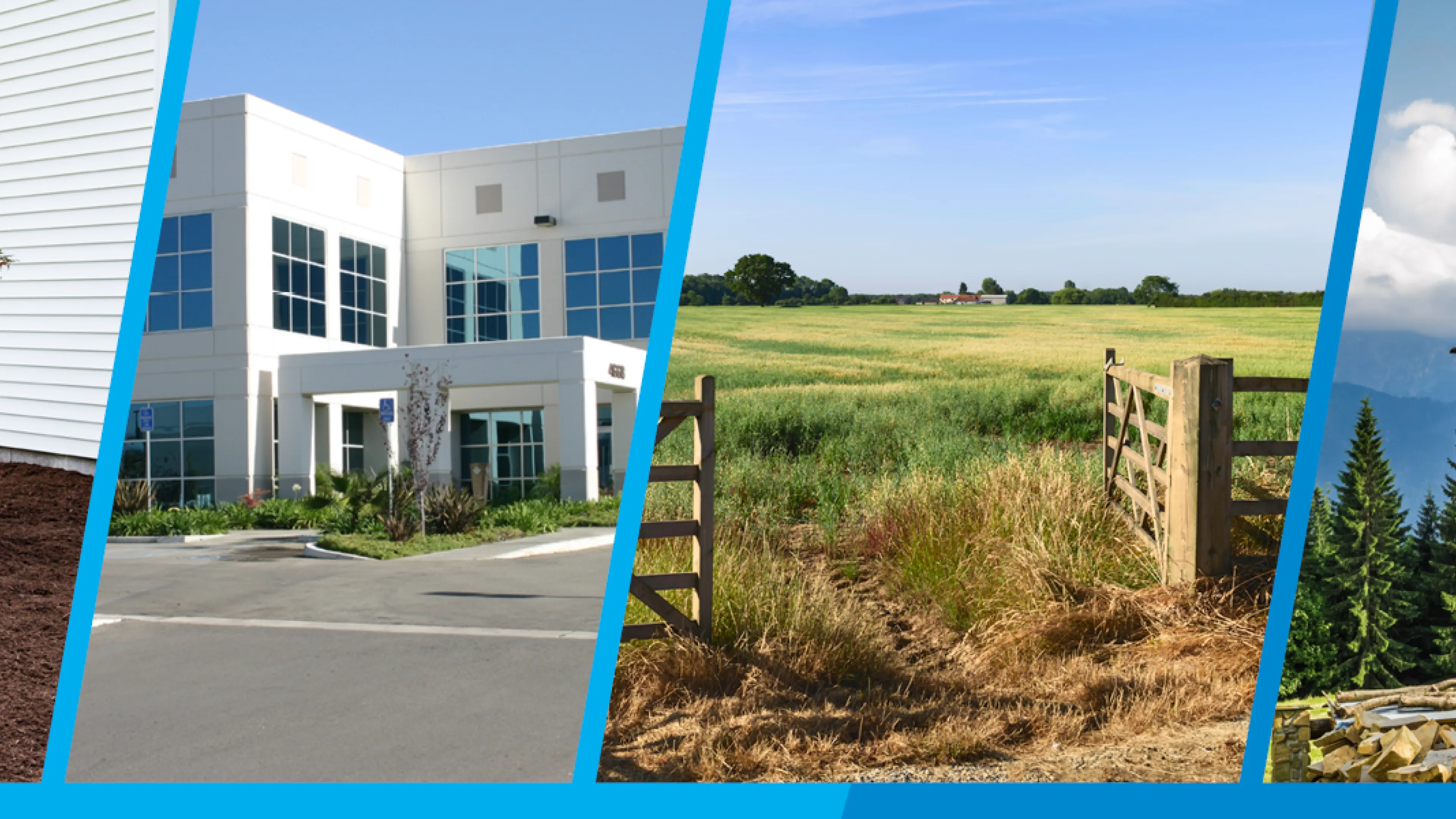 An image of four different types of real estate. A residential house, business building, open land, and cabin are featured.
