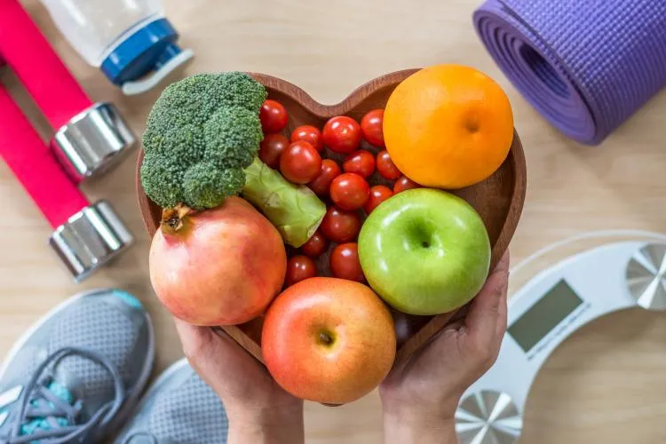 bowl of fruit held over exercise equipment