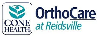 A logo for Cone Health OrthoCare at Reidsville. The left side of the logo features the Cone Health logo, which is four green leaves in a circular shape. Beneath the leaves are the words "Cone Health" in dark blue. To the right of the logo are the words "OrthoCare" in blue and "at Reidsville" in light green.