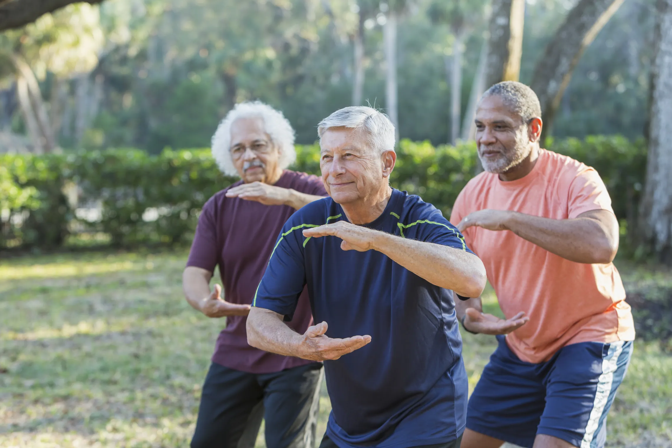 A group of adults in a Tai Chi class.