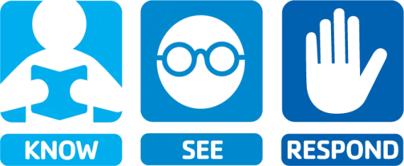 A line of three blue squares side by side. The left square is light blue with an illustration of a person reading with the word Know below it. The middle square is medium blue with an illustration of a face with glasses and the word See below it. The dark blue square on the right side has a hand in the middle and the word Respond below it.