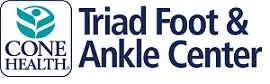 The logo for Cone Health's Triad Foot & Ankle Center. There is the Cone Health logo with the words Cone Health in dark blue font below a group of four leaves. To the right of the Cone Health logo are the words, "Triad Foot & Ankle Center" in dark blue text.