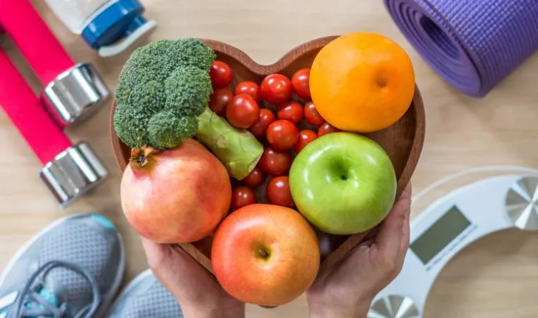 bowl of fruit held over exercise equipment