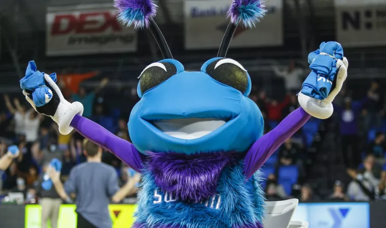 Swarmy throwing YMCA tshirts to the crowd at Greensboro Swarm basketball game.