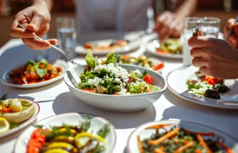 People eating a meal at a restaurant. There is a salad at the center of the table featured in the photo.
