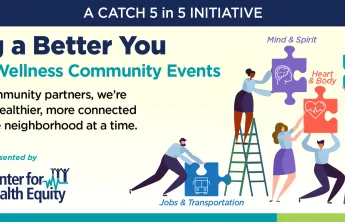 A group of illustrations of people holding puzzle pieces. Several people are on ladders. The text reads Building a Better You: Health and Wellness Community Events. Together with community partners, we're working to build healthier, more connected communities--one neighborhood at a time. Presented by Cone Health Center for Health Equity.