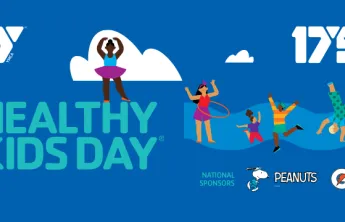 A graphic for Healthy Kids Day. The graphic features a dark blue background with illustrations of a diverse group of children playing and dancing. The graphic features the YMCA logo, 175 Year Anniversary YMCA logo, and logos for the national sponsors Peanuts and Gatorade.