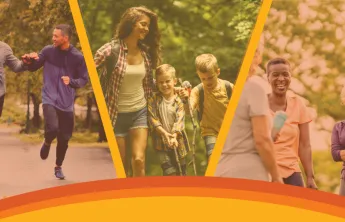 Three-panel image showing YMCA-style community activities, two men jogging together outdoors, a woman hiking with two children on a wooded trail, and a group of older adults smiling and talking after exercise, all with warm orange overlays and graphic accents.