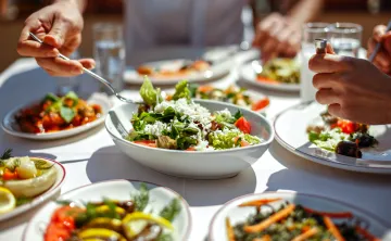 People eating a meal at a restaurant. There is a salad at the center of the table featured in the photo.
