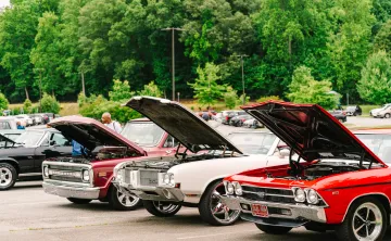 Cars lined up at a car show