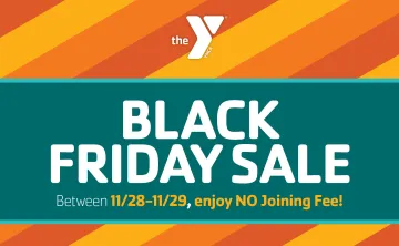 A graphic with an orange, yellow, and dark orange diagonally striped background. A dark green background with light green border is on top, with white text that reads "Black Friday Sale." White and yellow text below reads: "Between 11/28-11/28, enjoy NO Joining Fee!"