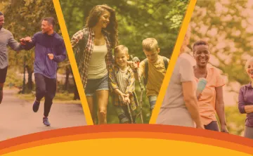Three-panel image showing YMCA-style community activities, two men jogging together outdoors, a woman hiking with two children on a wooded trail, and a group of older adults smiling and talking after exercise, all with warm orange overlays and graphic accents.